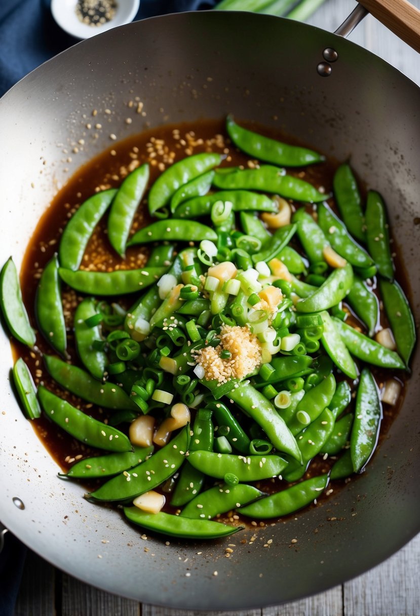 A wok sizzling with sugar snap peas, garlic, and soy sauce. Chopped scallions and sesame seeds sprinkled on top