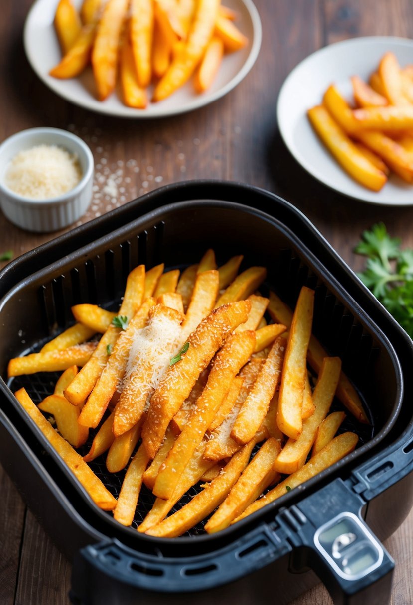 Golden steak fries sprinkled with parmesan cheese, sizzling in the air fryer