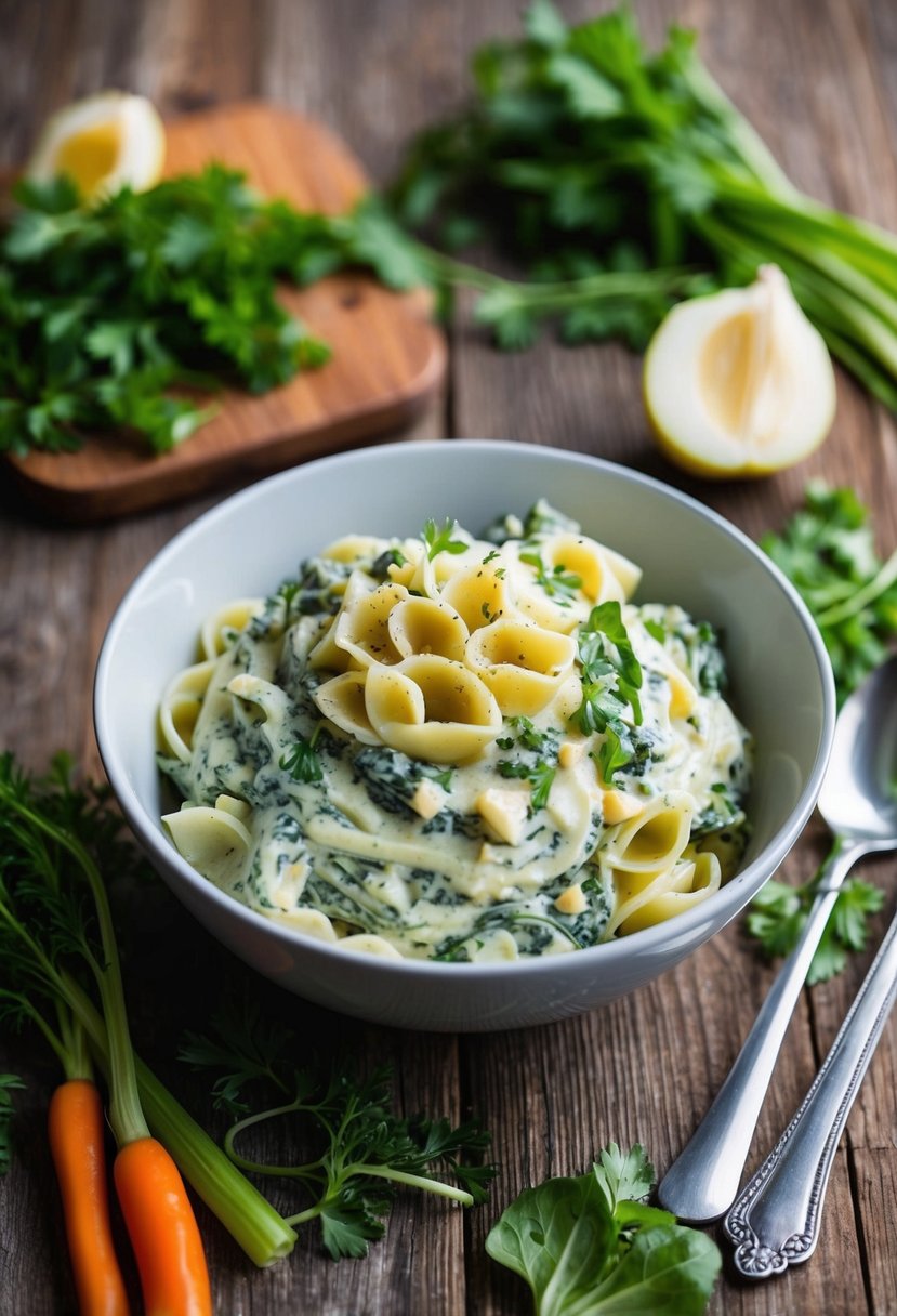 A steaming bowl of creamy spinach and artichoke dip pasta surrounded by fresh vegetables and herbs on a rustic wooden table