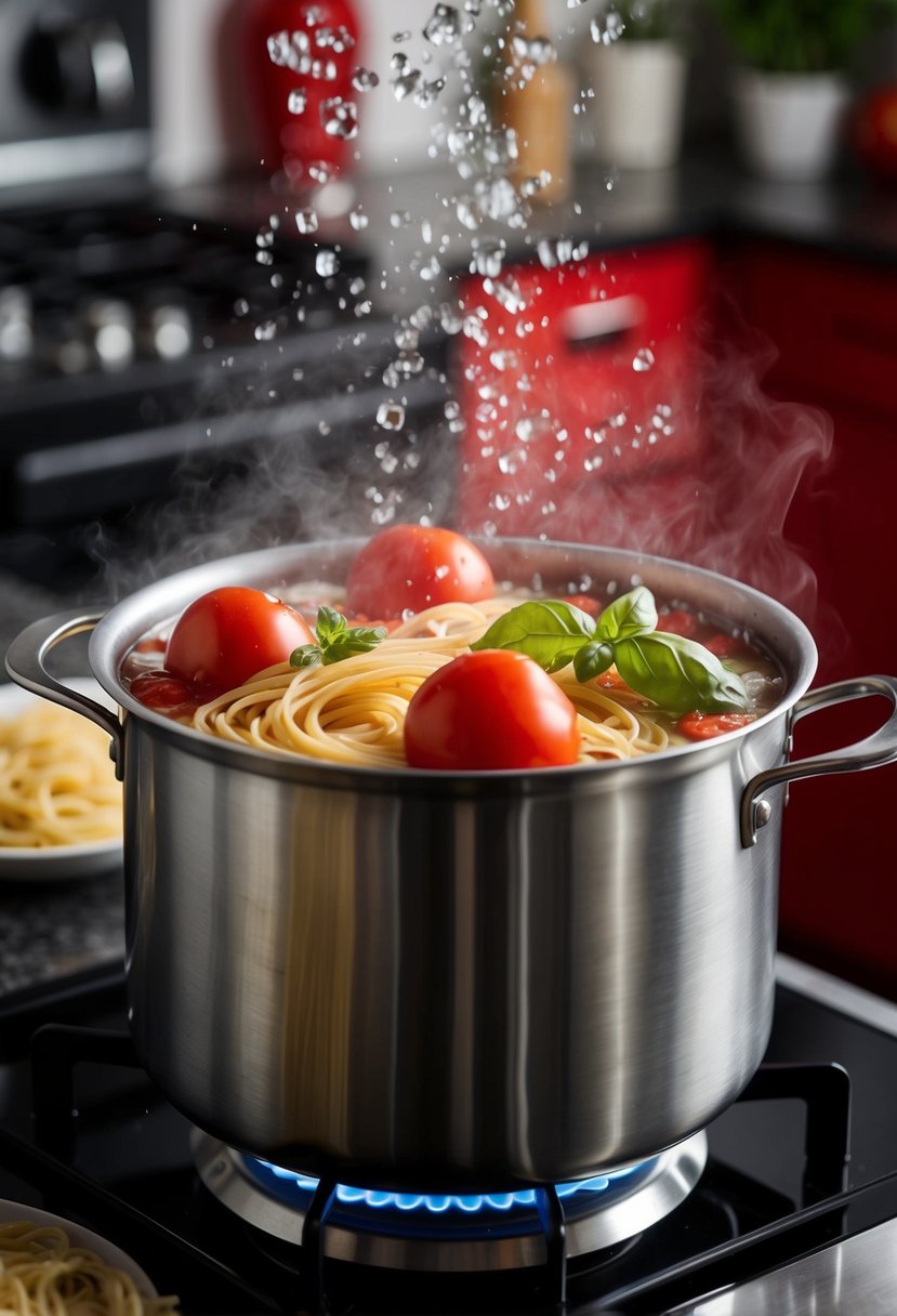 A pot of boiling water with tomatoes, basil, and pasta