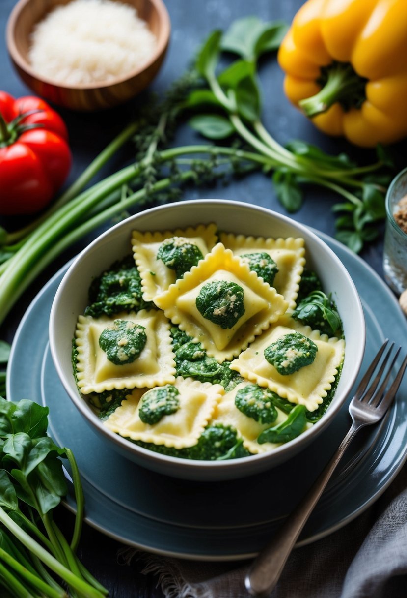 A bowl of pesto ravioli with spinach, surrounded by fresh vegetables and herbs