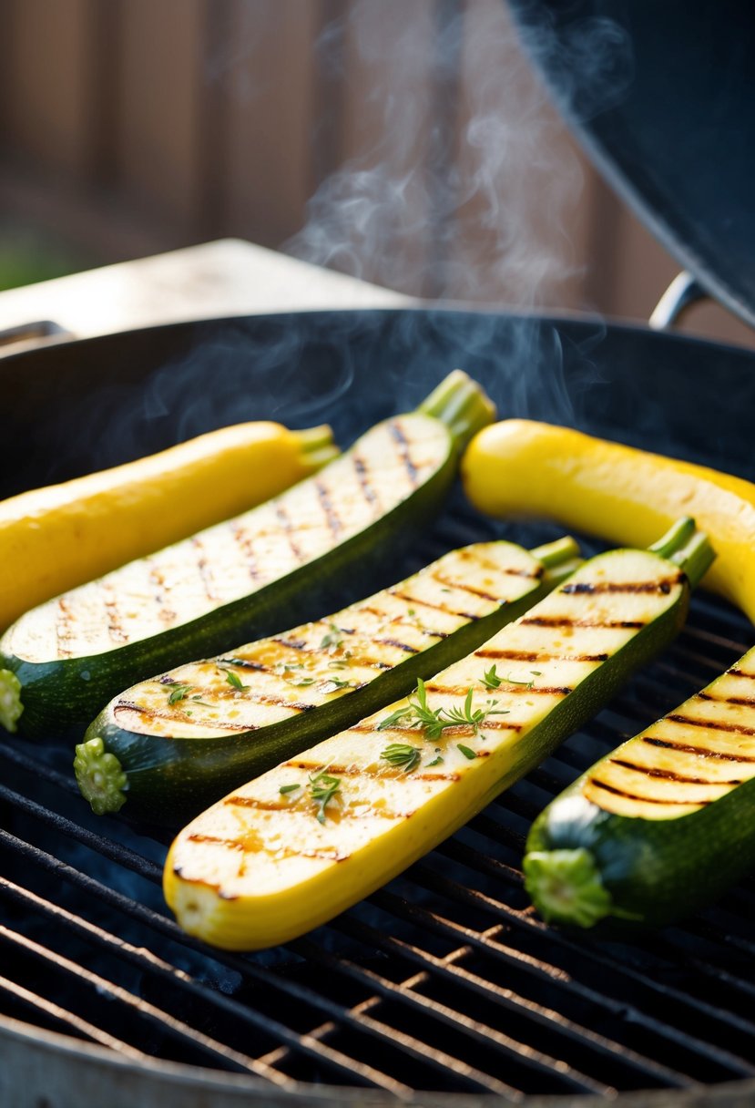 Fresh zucchini and squash sizzling on a hot grill, with charred grill marks and a sprinkle of herbs