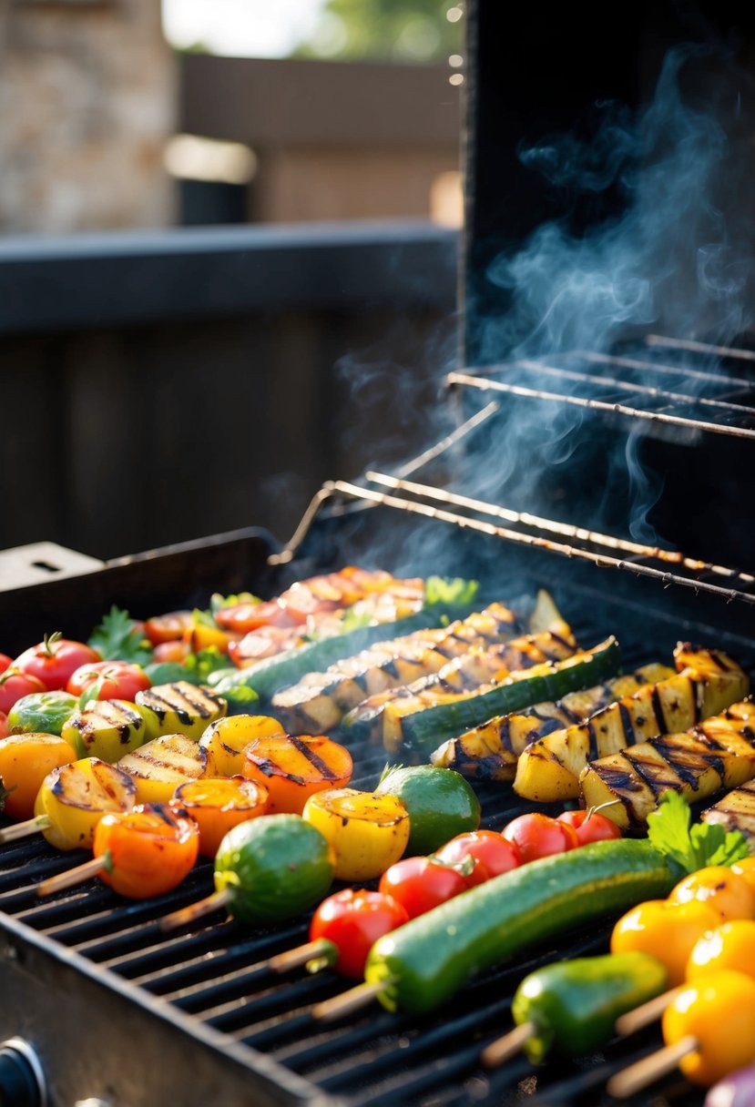 A colorful array of grilled vegetables sizzling on a hot barbecue grill, emitting a tantalizing aroma