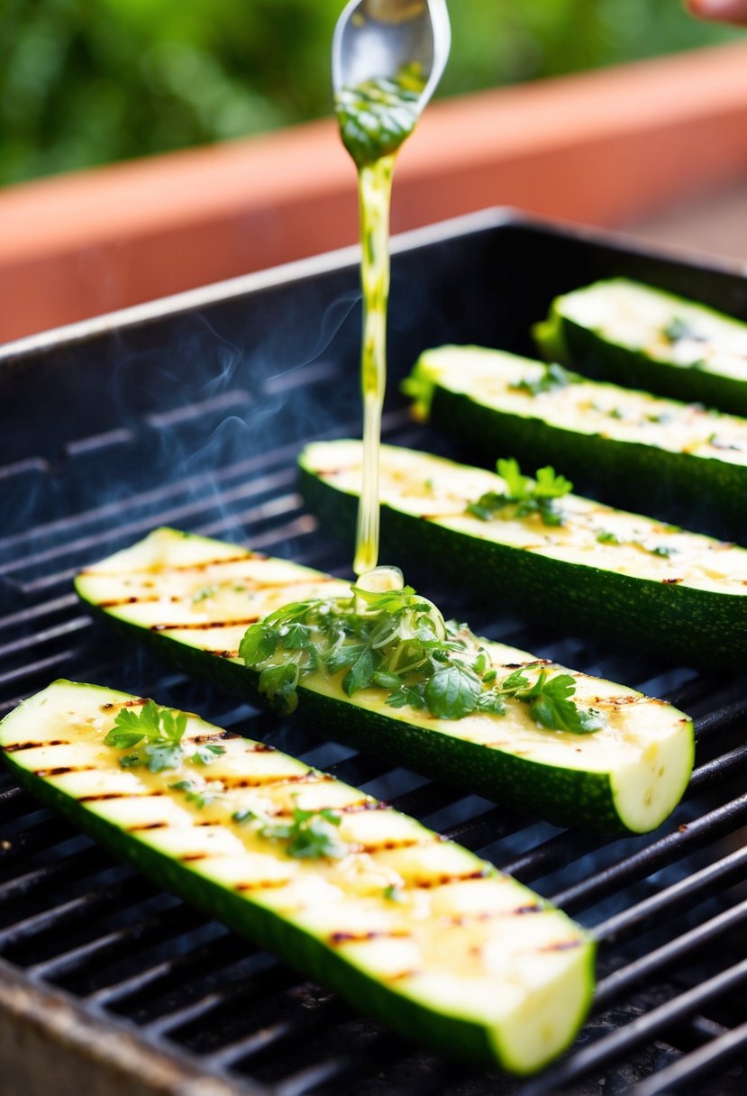 Fresh zucchini slices drizzled with herb vinaigrette sizzling on a hot grill