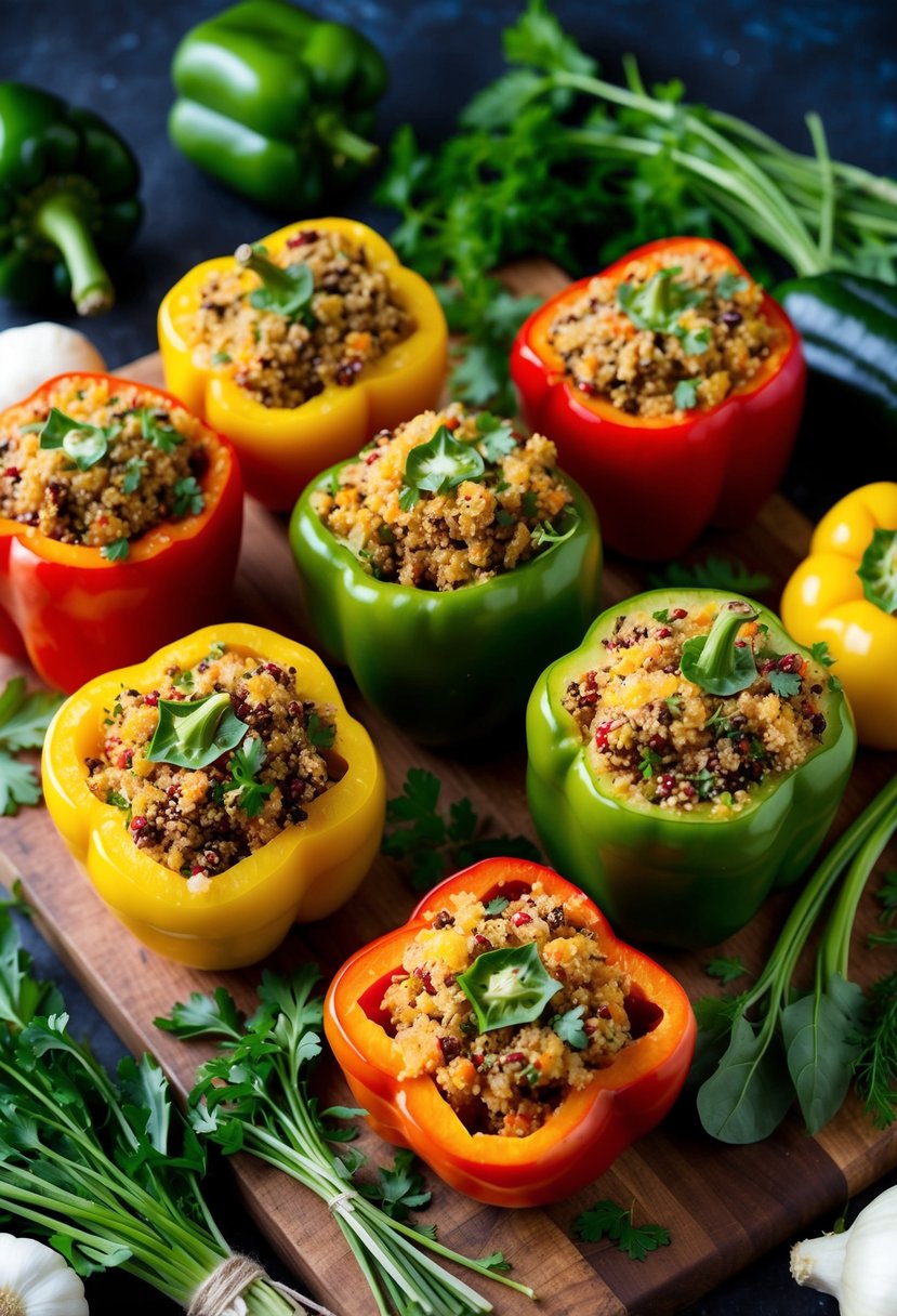 A colorful array of bell peppers stuffed with quinoa, surrounded by fresh vegetables and herbs on a wooden cutting board