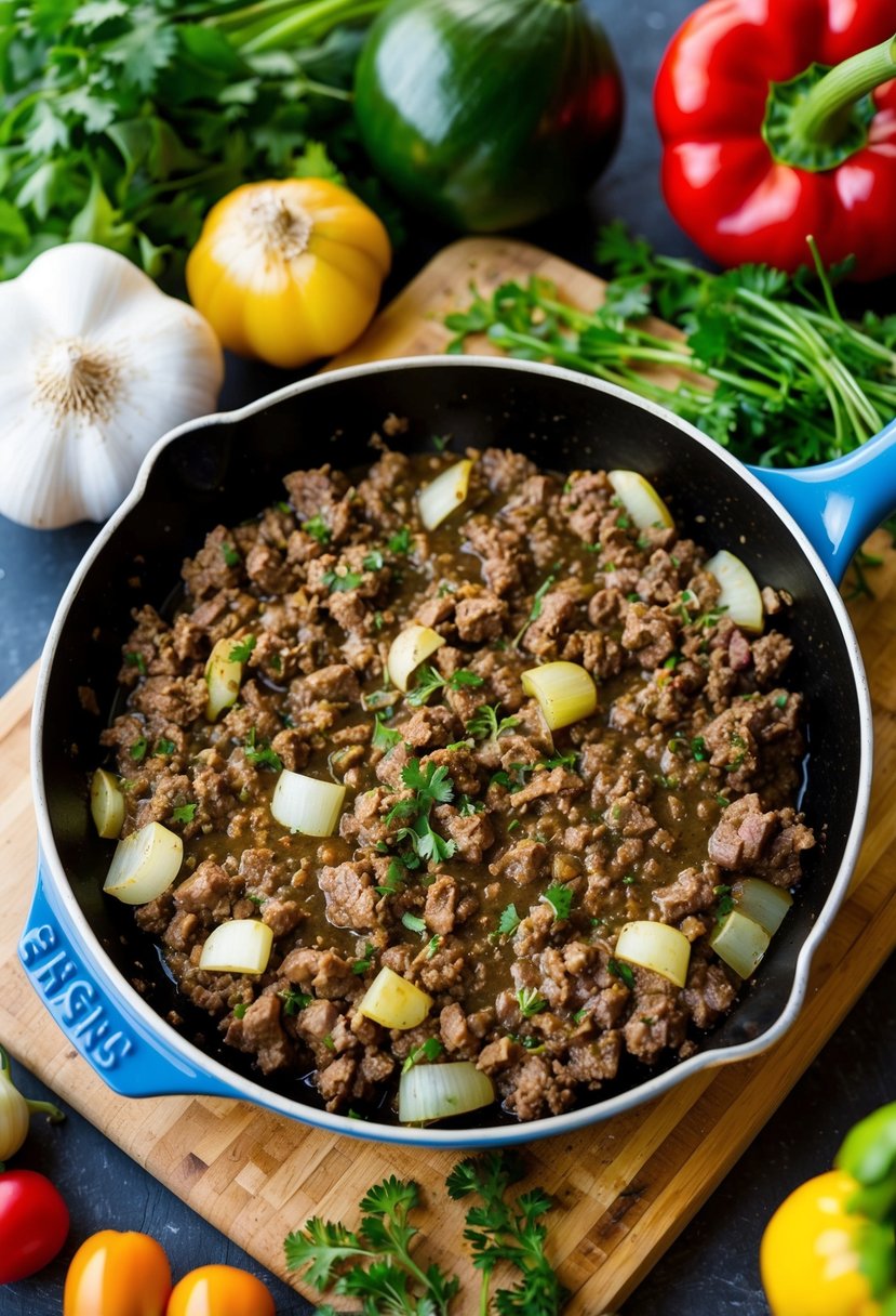 A sizzling skillet of ground beef, onions, and garlic, surrounded by colorful vegetables and herbs on a wooden cutting board