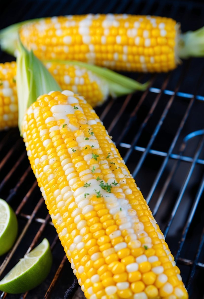 Fresh corn on the cob, brushed with honey lime glaze, grilling on a barbecue