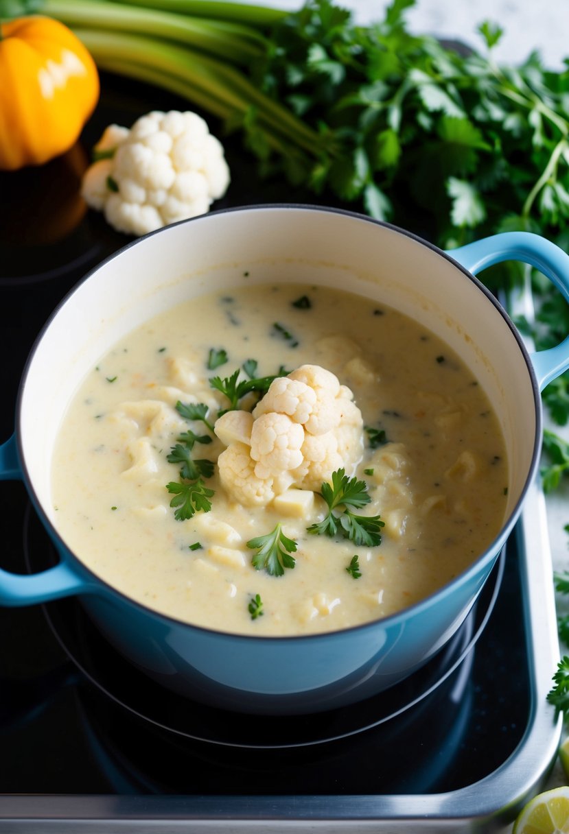 A pot of creamy cauliflower soup simmering on a stove, surrounded by fresh vegetables and herbs