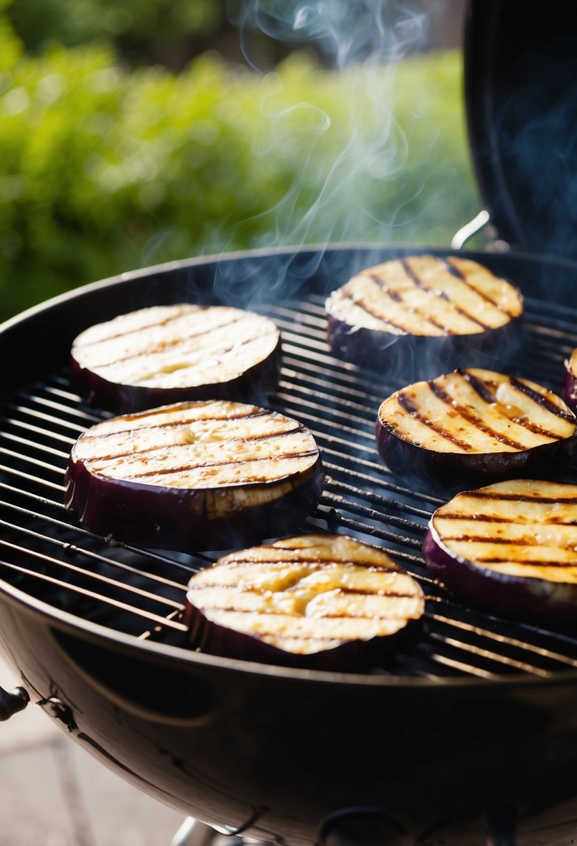 Grilled eggplant slices sizzling on a smoky barbecue grill