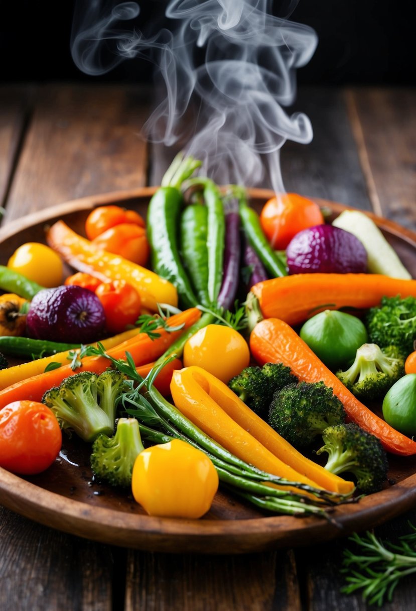 A variety of colorful roasted vegetables arranged on a rustic wooden platter, with steam rising from the medley