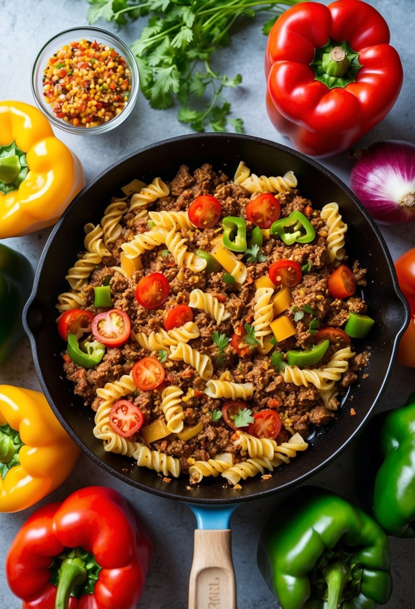 A skillet sizzling with ground beef, pasta, and taco seasoning, surrounded by colorful bell peppers, onions, and tomatoes