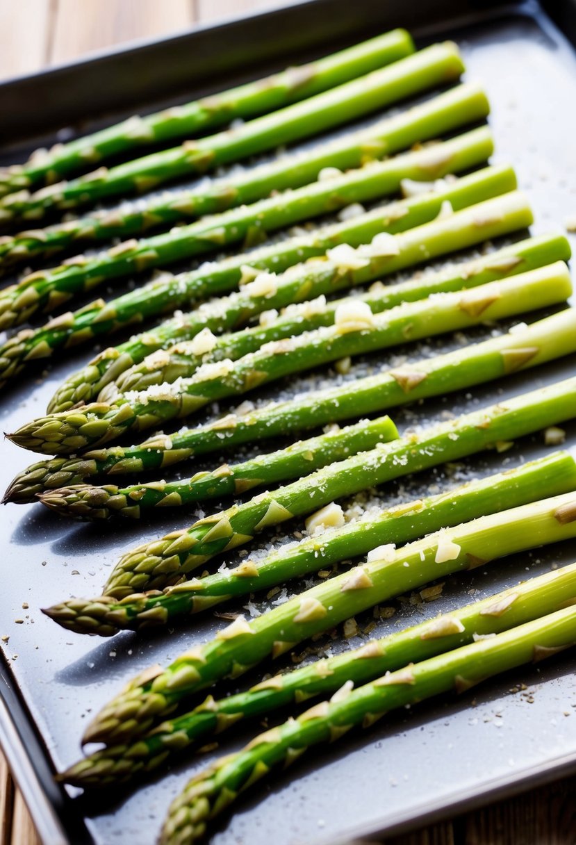 Fresh asparagus spears coated in garlic and Parmesan, arranged on a baking sheet