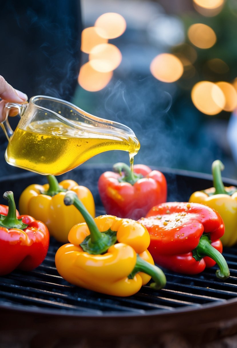 Fresh bell peppers sizzling on a grill, drizzled with garlic oil