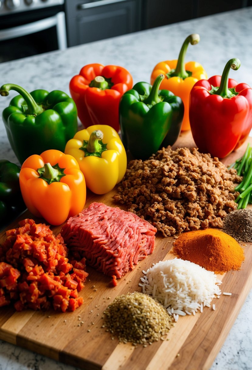 A cutting board with colorful bell peppers, ground beef, rice, and various spices laid out for a stuffed bell peppers dinner recipe