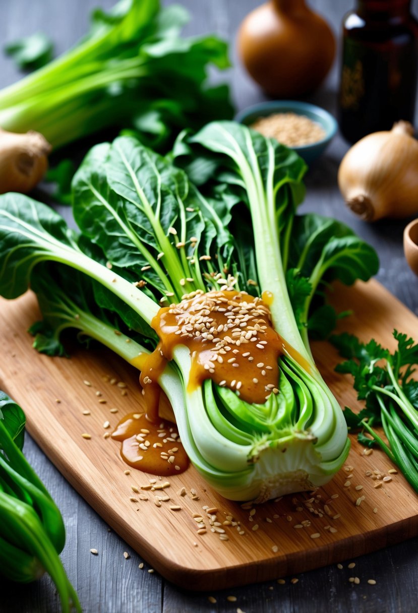 A vibrant bunch of bok choy with sesame ginger dressing, surrounded by other fresh vegetables and ingredients on a wooden cutting board