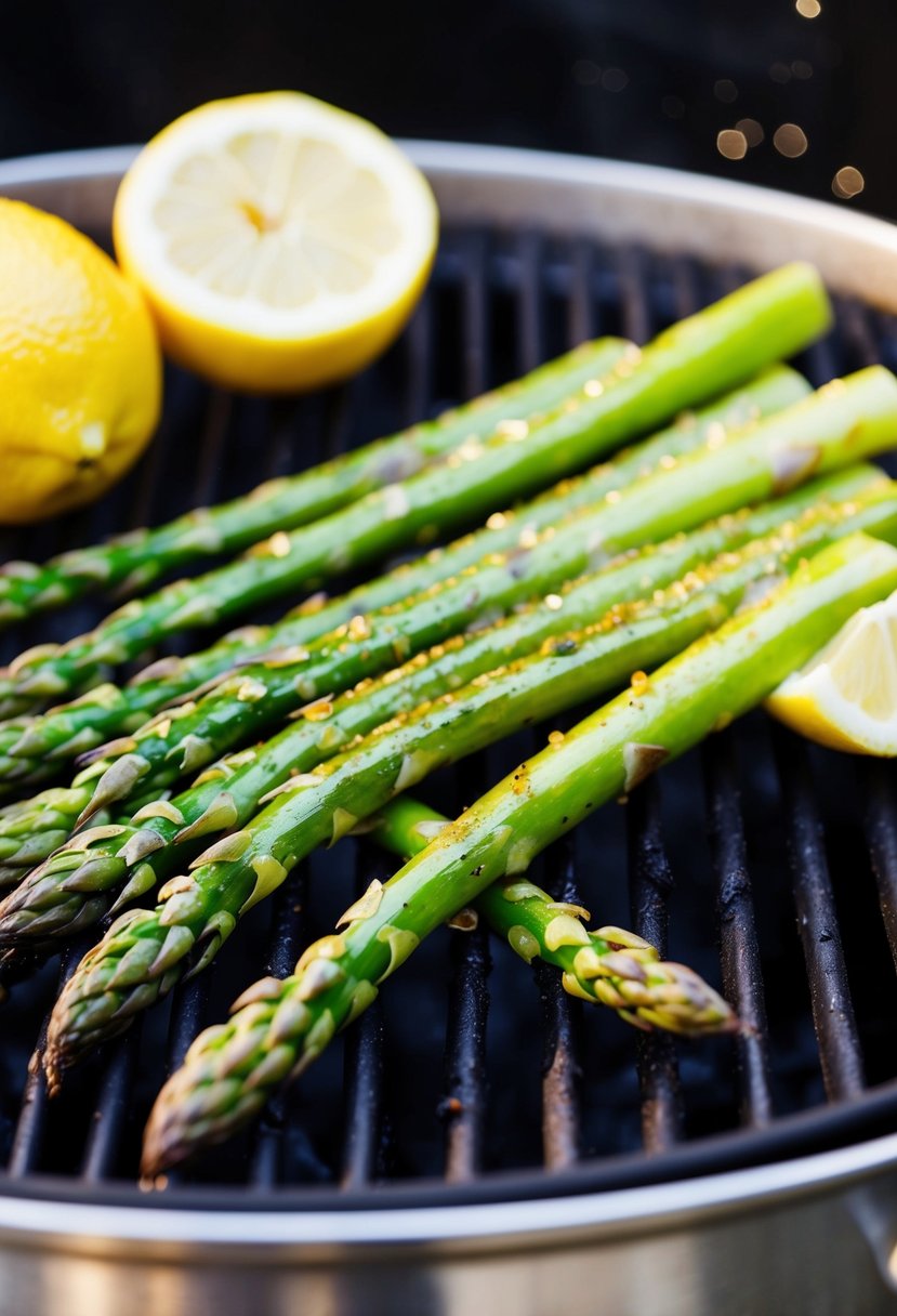 Fresh asparagus spears sizzling on a hot grill, with a sprinkle of lemon juice and char marks