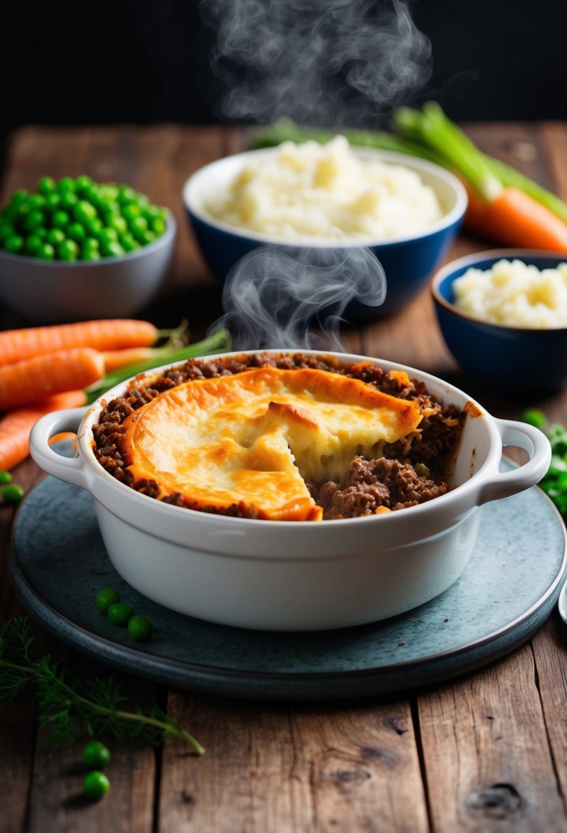 A steaming shepherd's pie sits on a rustic wooden table, surrounded by ingredients such as ground beef, mashed potatoes, carrots, and peas