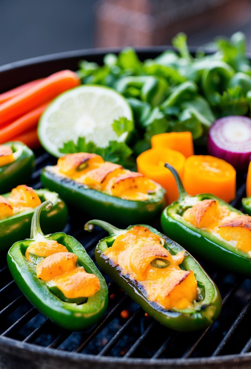 Fresh jalapeños, sliced and filled with cheesy mixture, sizzling on a hot grill alongside an assortment of colorful vegetables