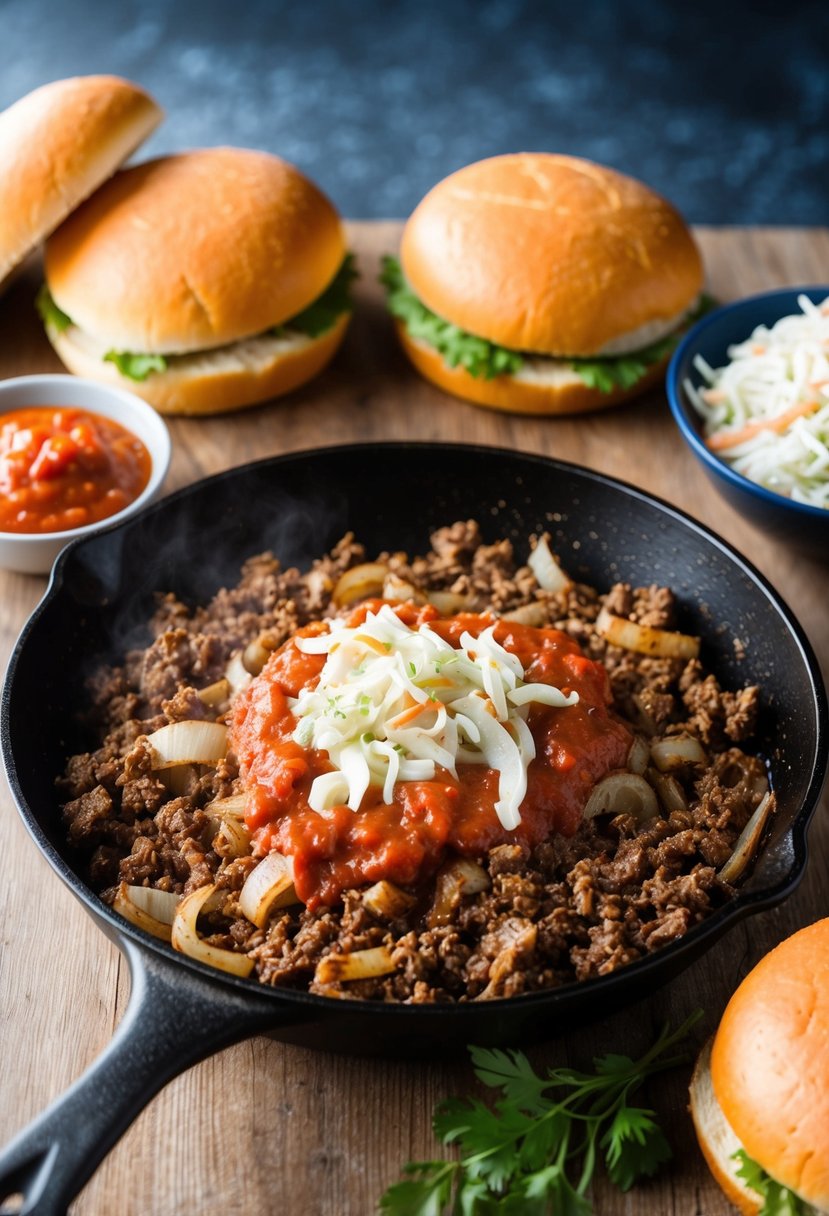 A skillet sizzling with ground beef, onions, and tomato sauce, surrounded by buns and a side of coleslaw