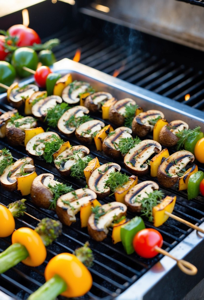 A platter of herbed mushroom skewers surrounded by grilled vegetables on a charcoal grill