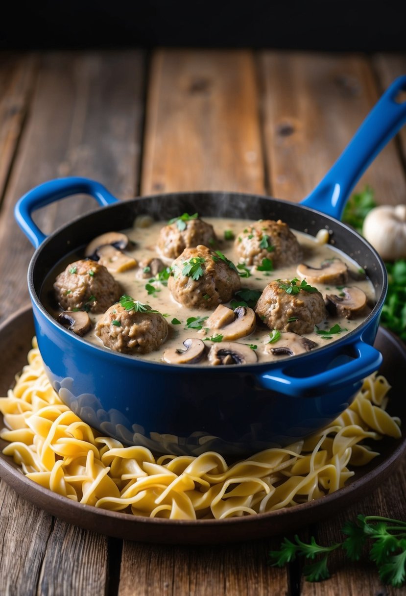 A simmering pot of meatball stroganoff with ground beef, mushrooms, and creamy sauce, served over a bed of egg noodles on a rustic wooden table