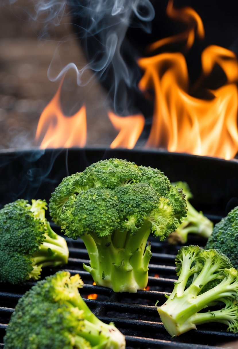 Charred broccoli florets on a sizzling grill, smoke rising, with grill marks and a golden brown color