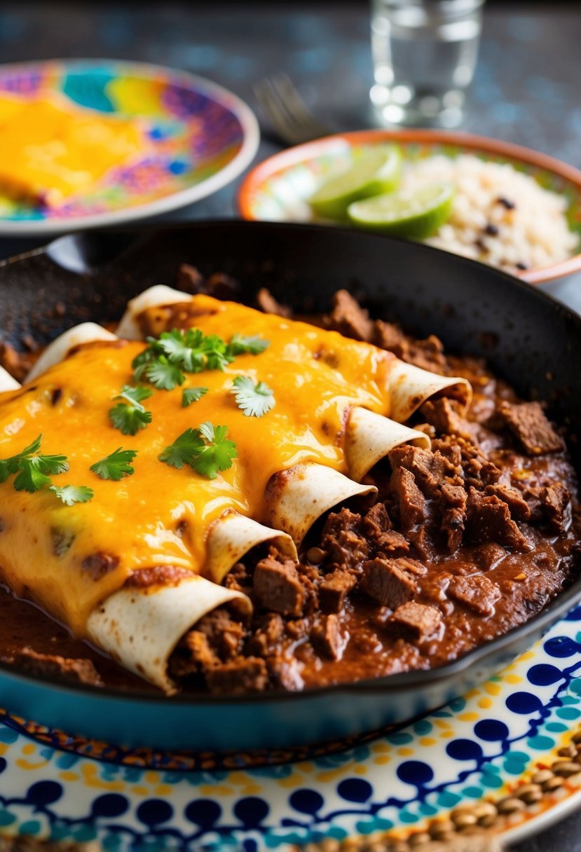 A sizzling skillet of beef enchiladas with melted cheese and a side of rice and beans on a colorful plate