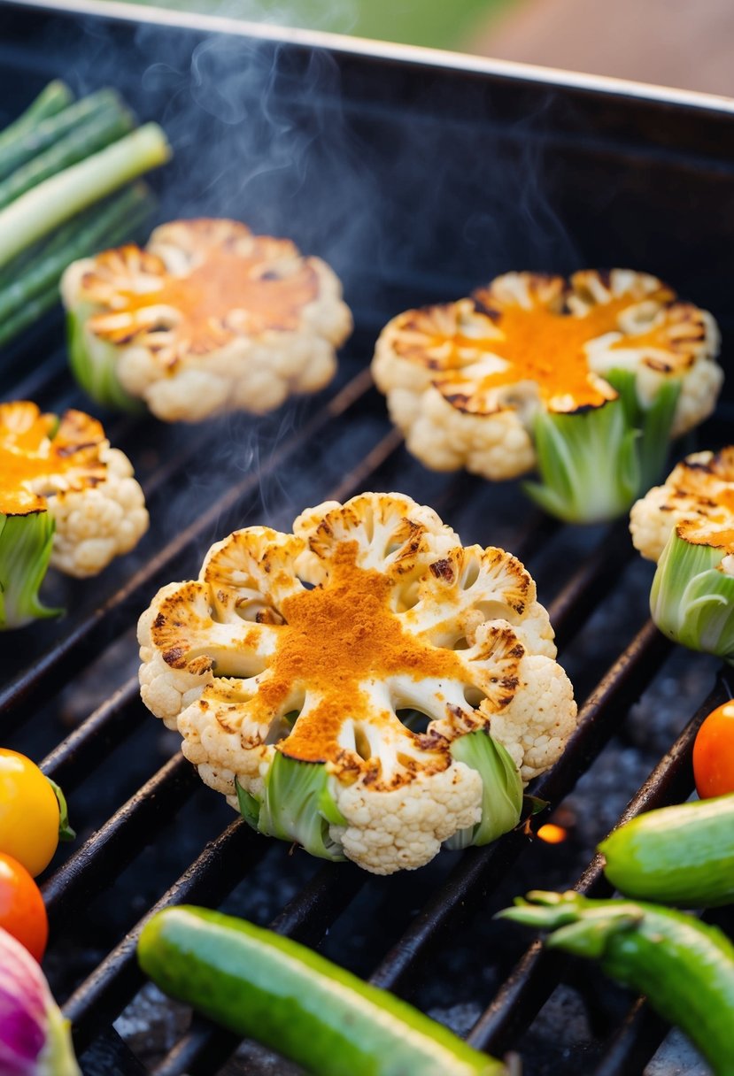 A sizzling grill with cauliflower steaks covered in a fragrant spice rub, surrounded by assorted grilled vegetables