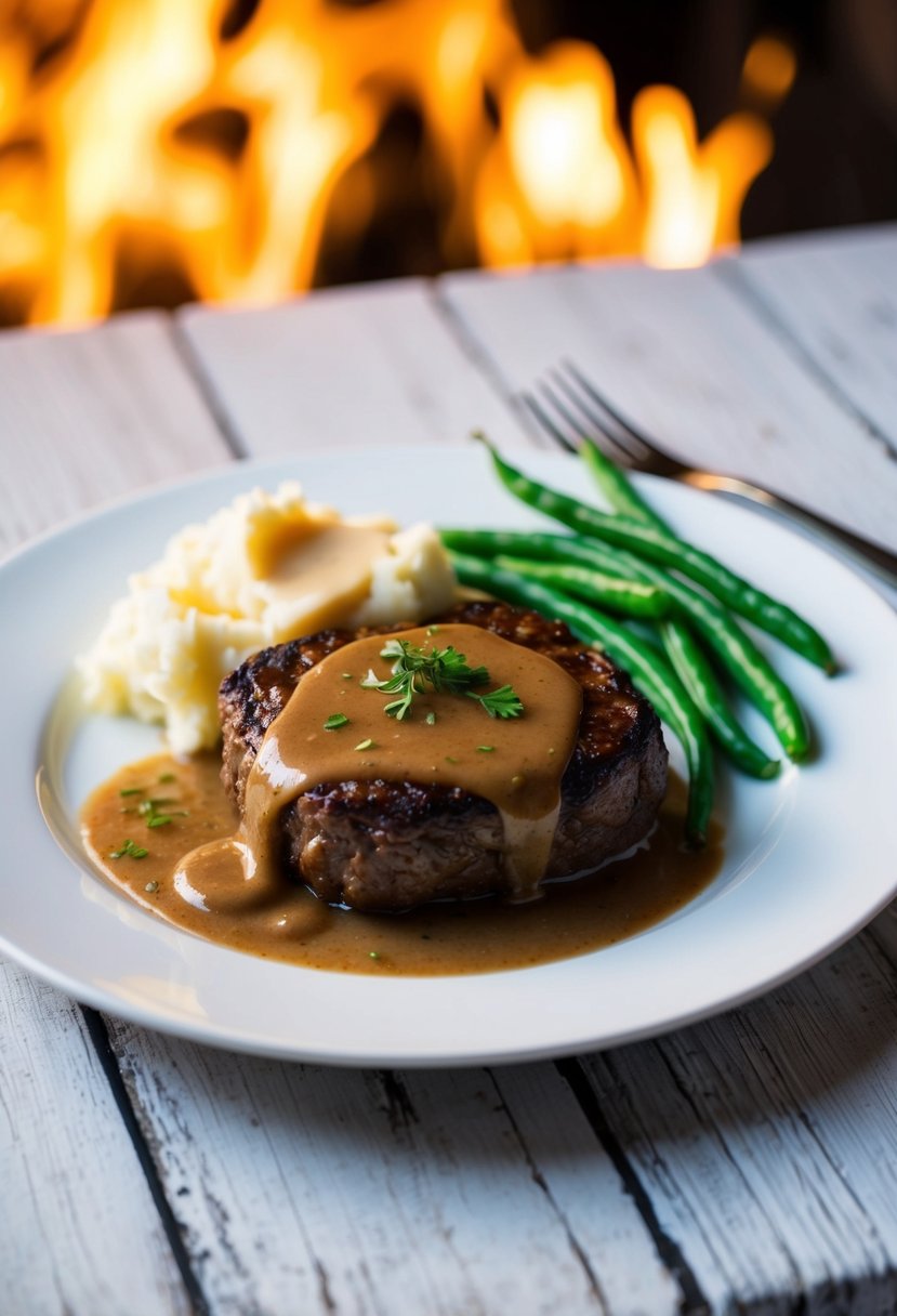 A sizzling Salisbury steak with gravy, served with mashed potatoes and green beans on a white dinner plate