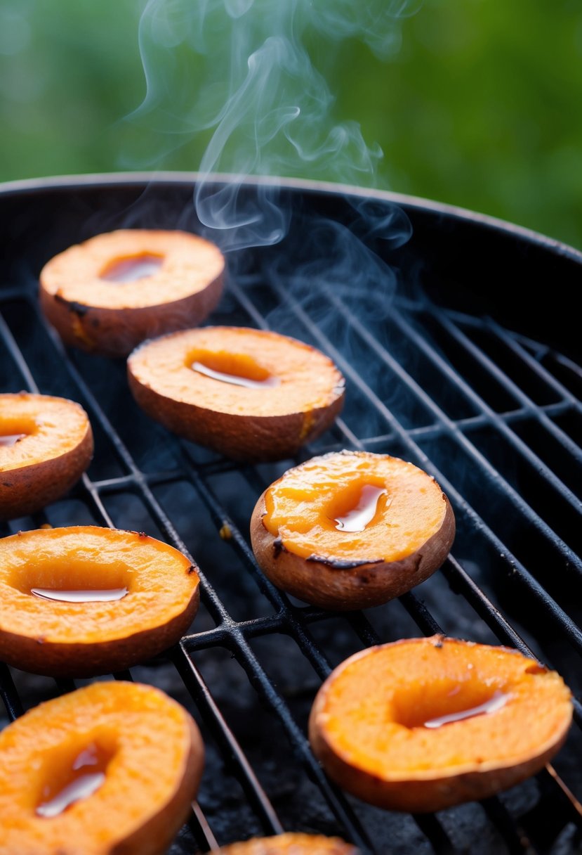 Sweet potato rounds brushed with maple glaze sizzling on a grill, emitting a caramelized aroma