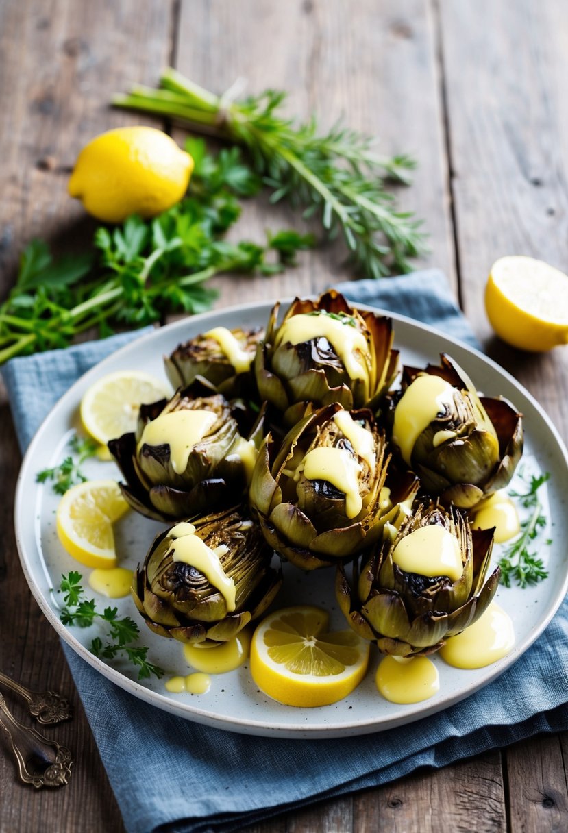 A platter of grilled artichokes drizzled with butter sauce, surrounded by fresh herbs and lemon slices on a rustic wooden table