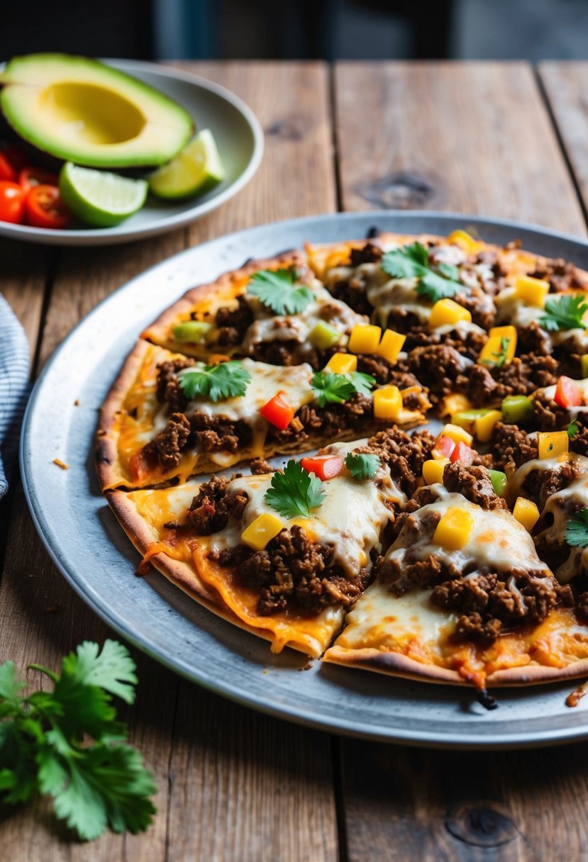 A rustic wooden table with a freshly baked taco pizza topped with ground beef, melted cheese, and vibrant vegetables