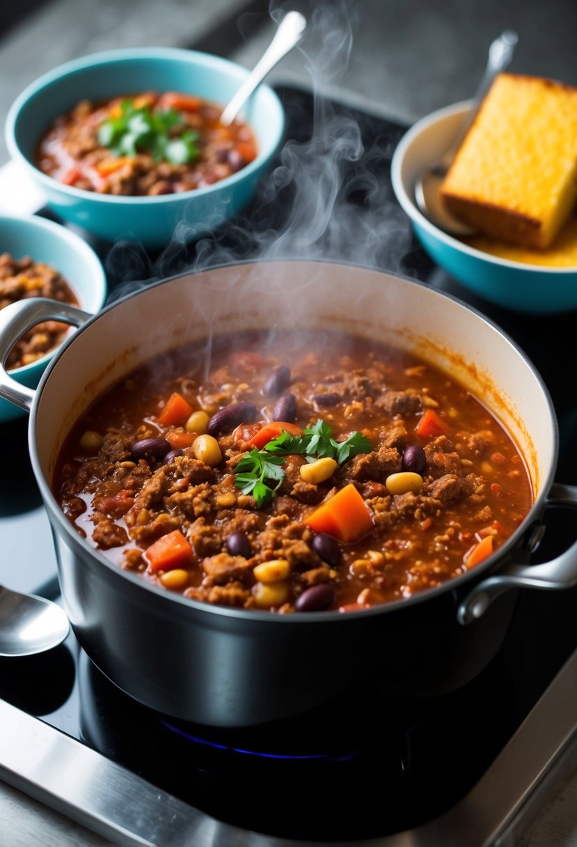 A steaming pot of chili simmering on the stove, filled with ground beef, tomatoes, beans, and spices. A table set with bowls, spoons, and a basket of warm cornbread