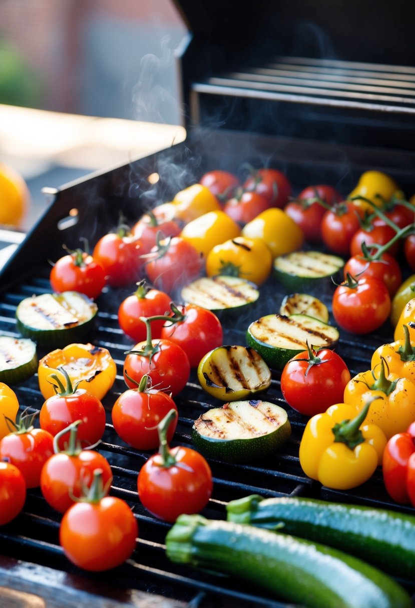 A colorful medley of roasted cherry tomatoes, bell peppers, and zucchini sizzle on a hot grill, releasing a mouthwatering aroma