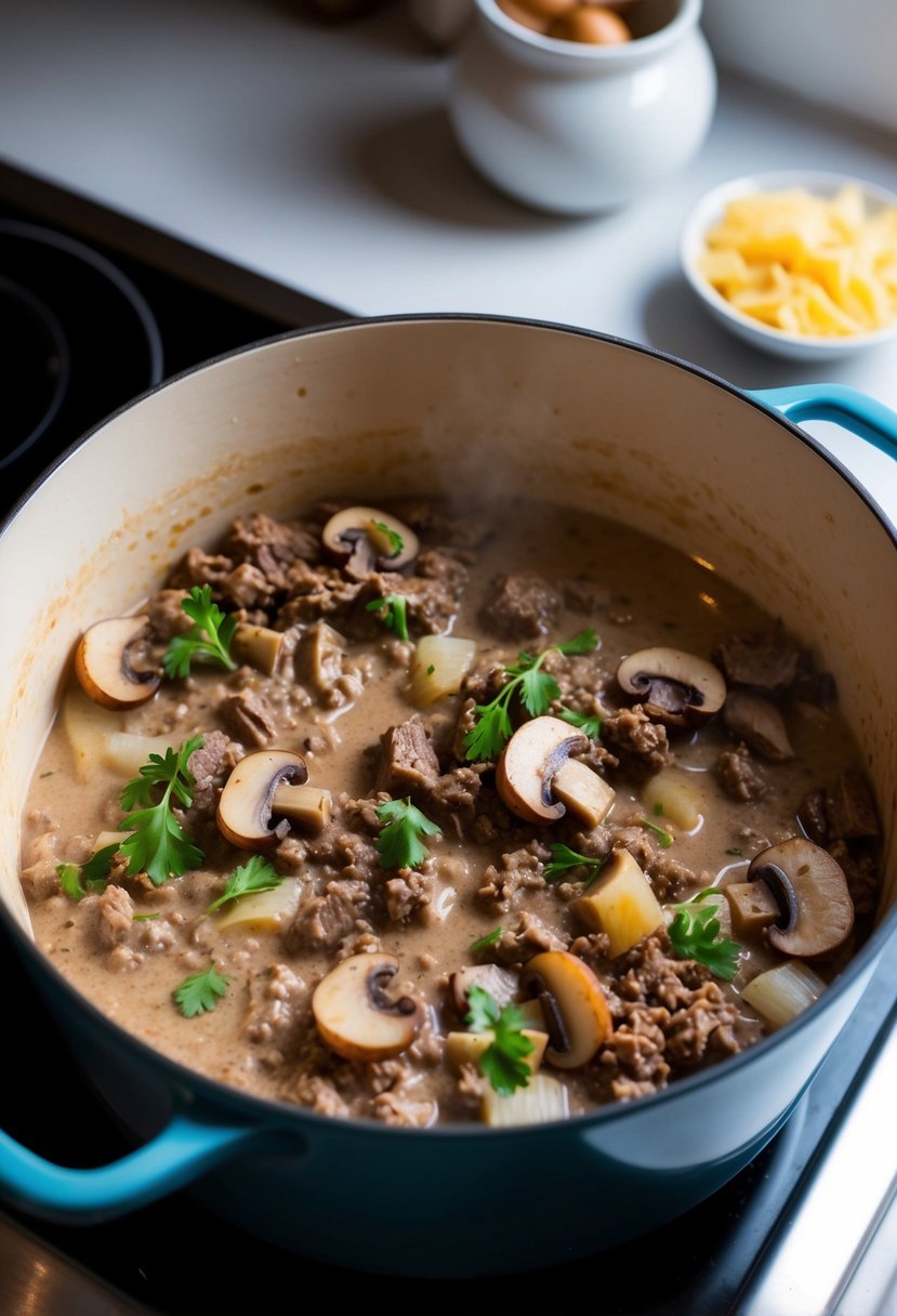 A pot of beef stroganoff simmering on the stove, with mushrooms, onions, and ground beef cooking in a creamy sauce