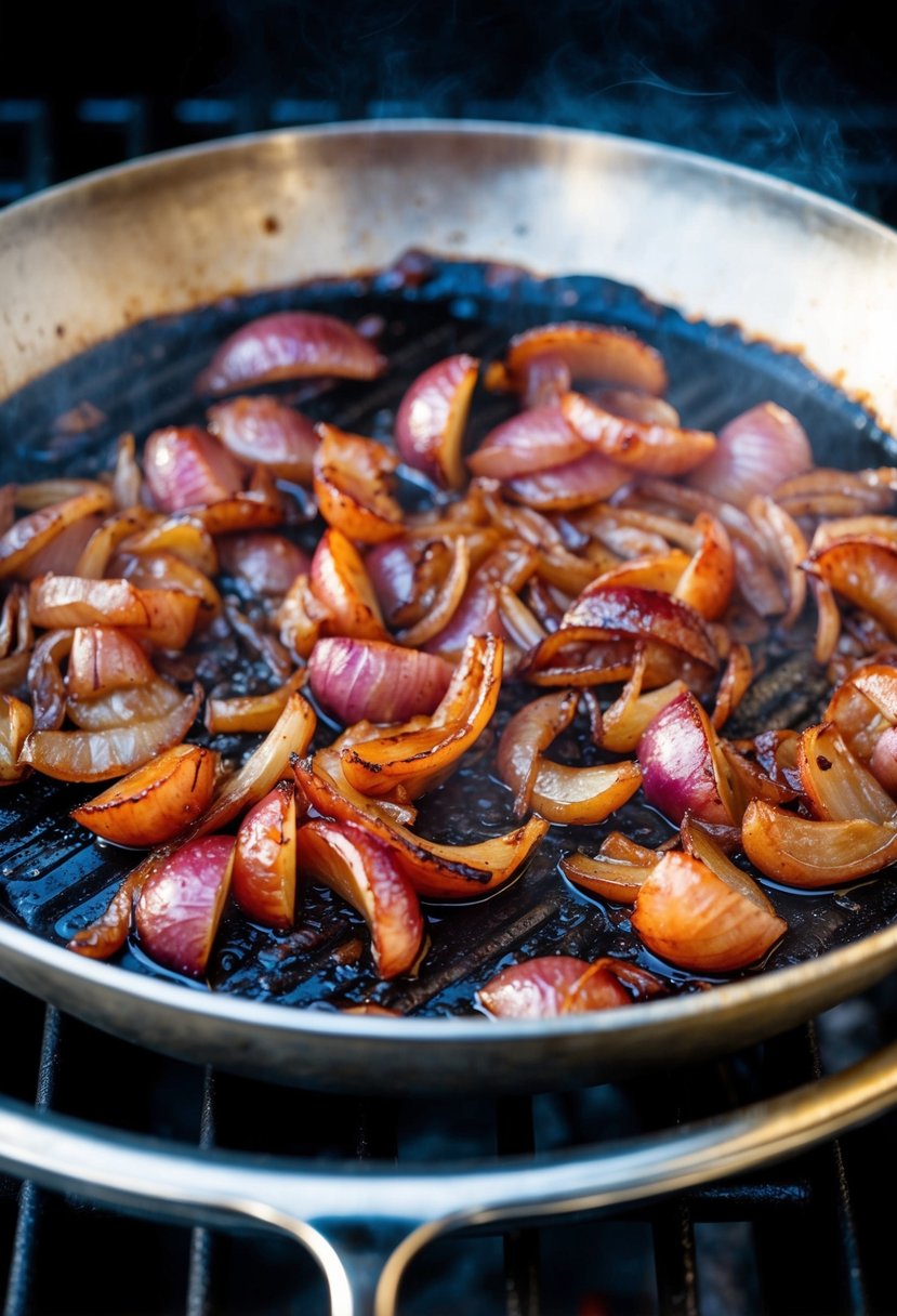 A skillet filled with sizzling caramelized red onions on a grill