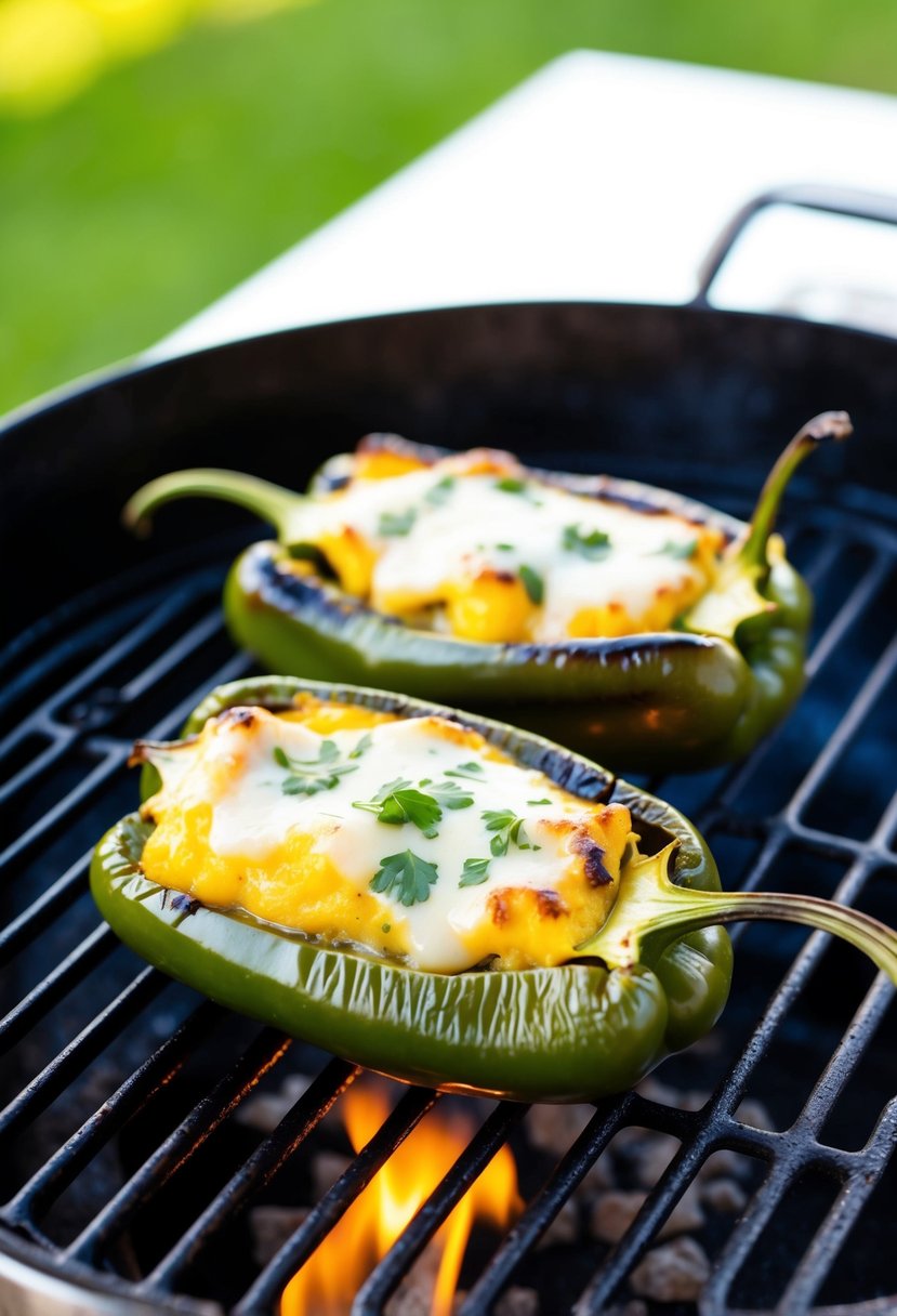 Grilled poblano peppers stuffed with melted cheese on a sizzling grill