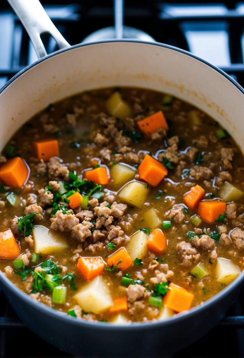 A pot of hearty hamburger soup simmers on the stove, filled with chunks of ground beef, vegetables, and savory broth