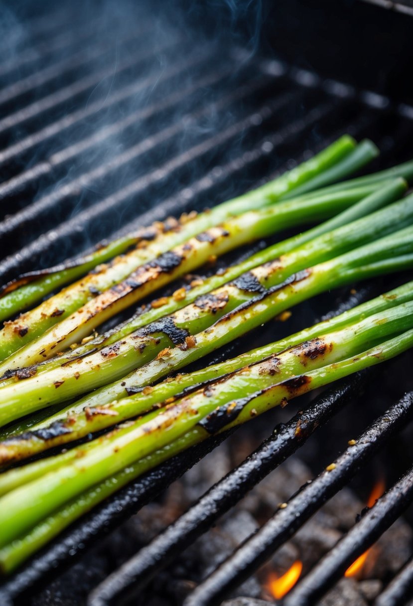 Grilled green onions sizzling on a hot grill, charred and smoky with grill marks