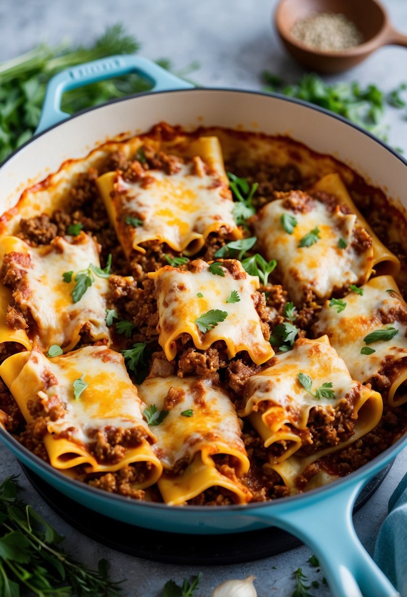 A sizzling skillet of lasagna, bubbling with ground beef, layers of pasta, and melted cheese, surrounded by fresh herbs and spices