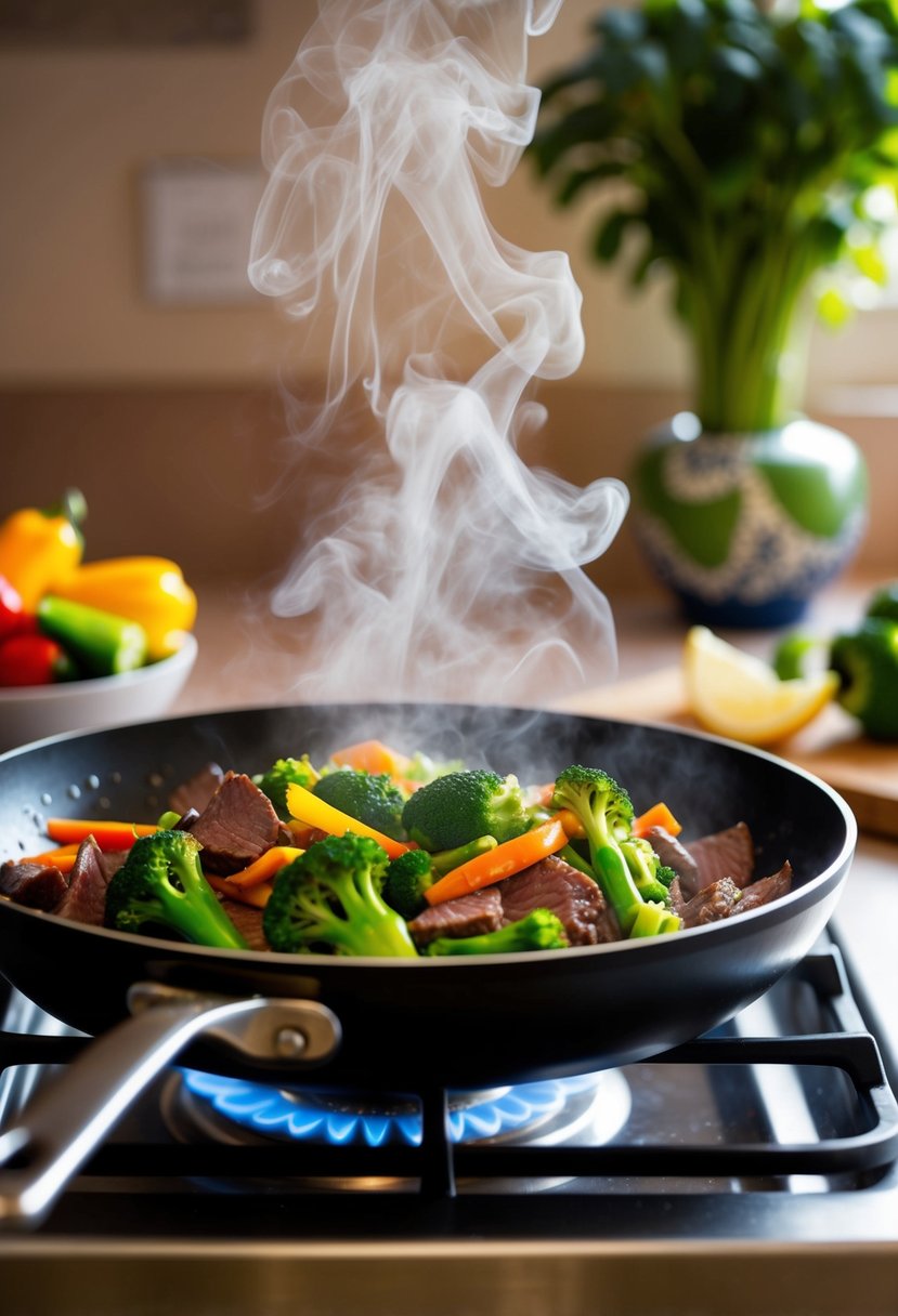 A sizzling skillet holds a colorful stir-fry of beef, broccoli, and vibrant vegetables, steam rising as the savory aroma fills the kitchen