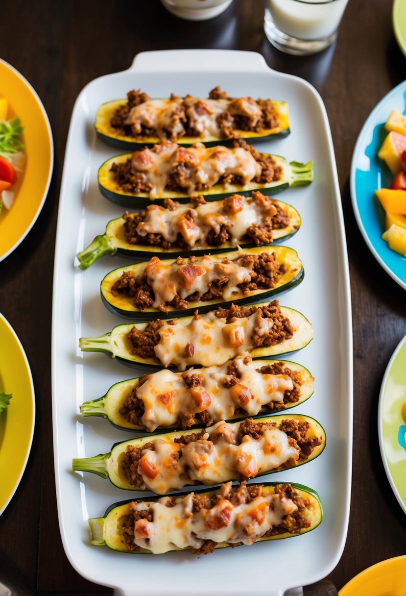 A table set with a platter of stuffed zucchinis, filled with savory ground beef and topped with melted cheese, surrounded by colorful side dishes