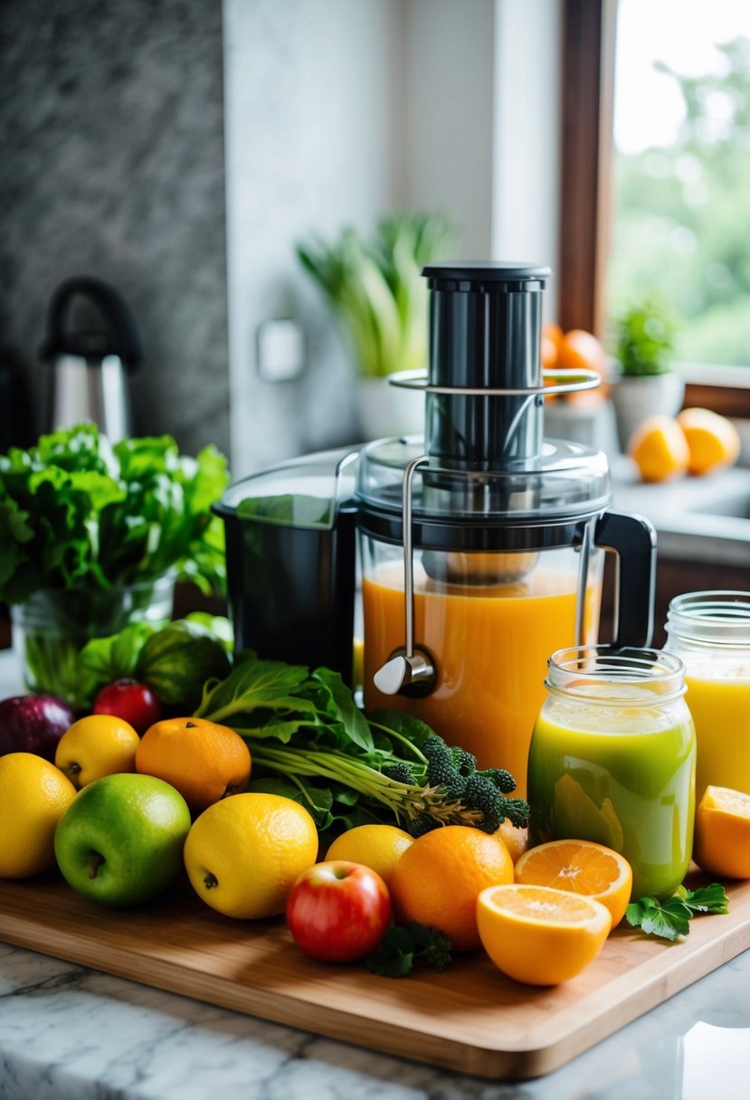 Fresh fruits and vegetables arranged on a wooden cutting board, with a juicer and glass jars nearby