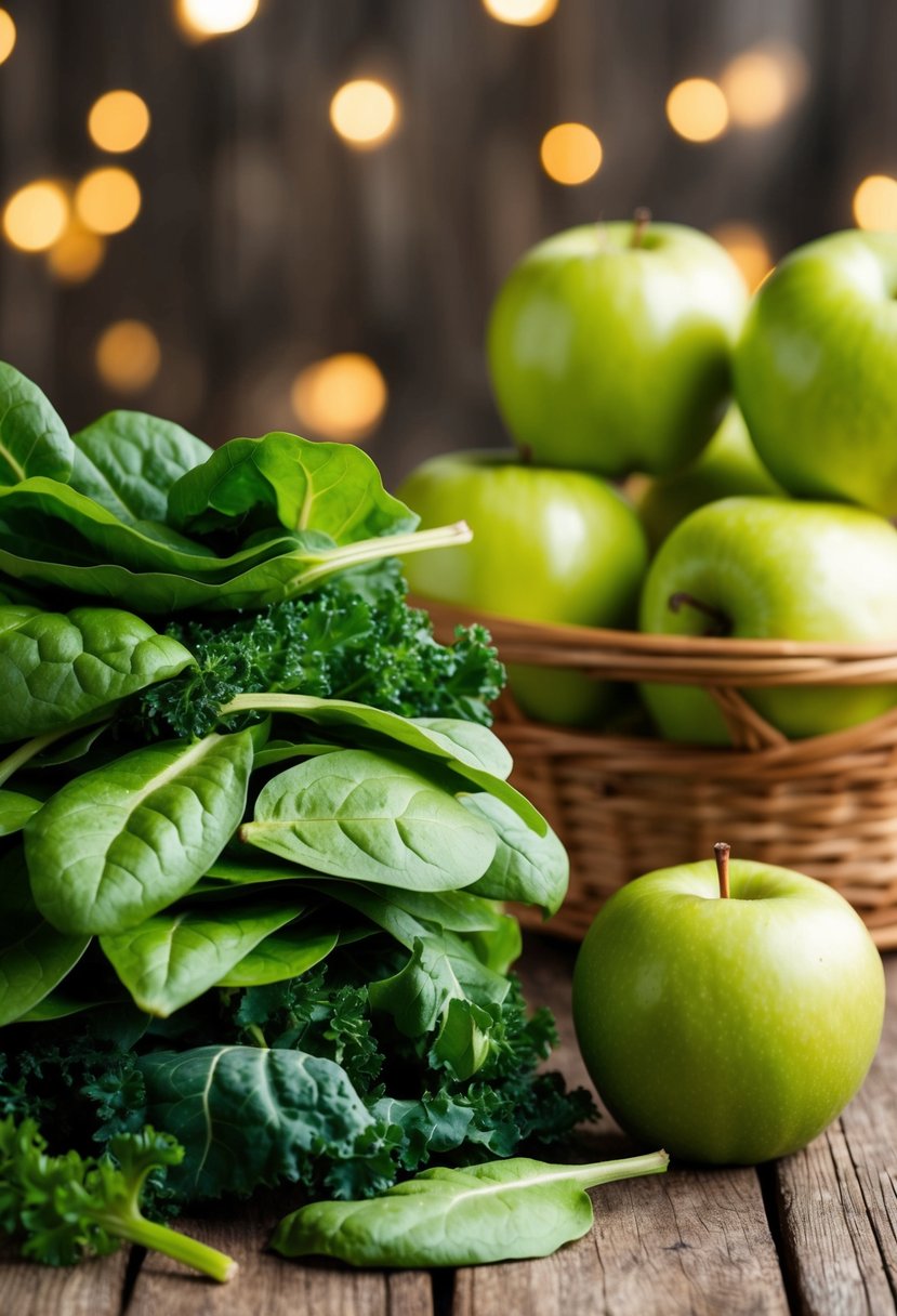 A vibrant pile of fresh spinach and kale leaves next to a basket of ripe green apples