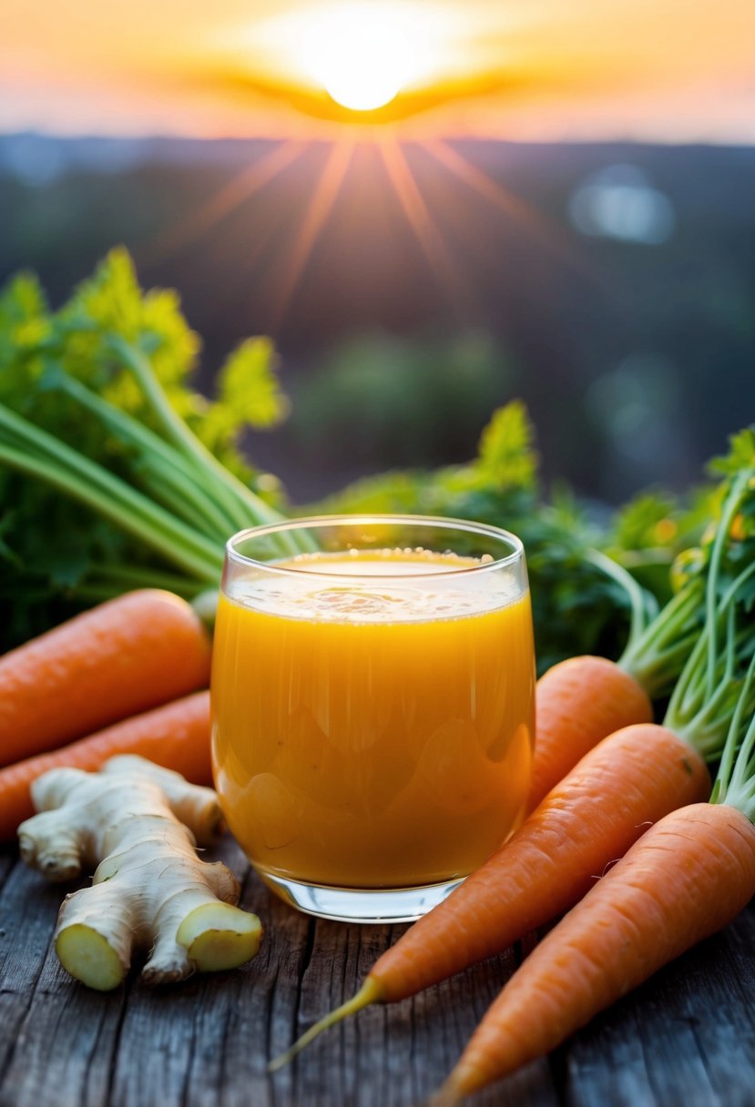 A glass of vibrant orange juice surrounded by fresh carrots and ginger. Sunrise illuminates the scene