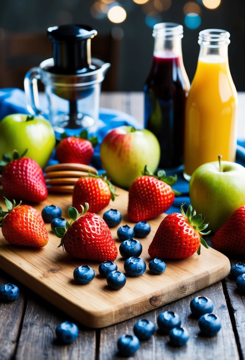 Fresh strawberries, blueberries, and apples arranged on a wooden cutting board, with a juicer and glass bottles nearby