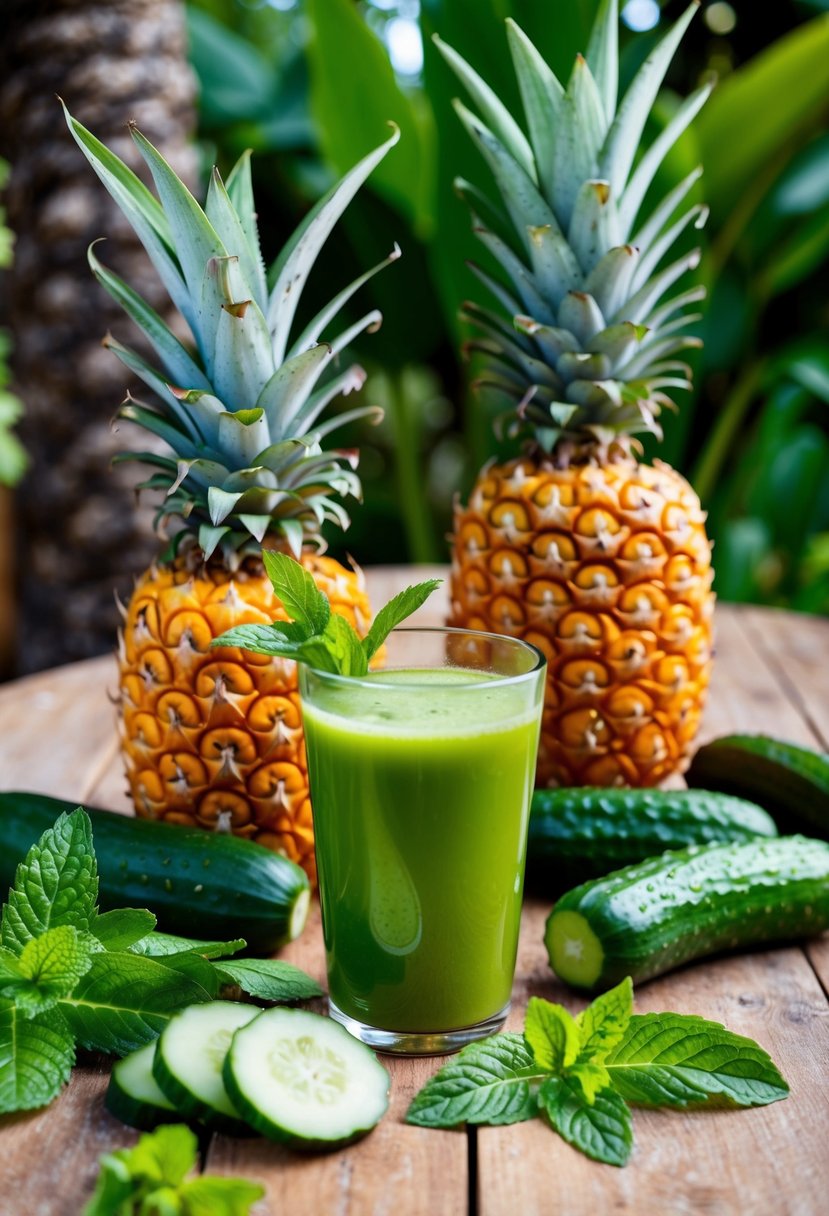 A vibrant tropical scene with fresh pineapples, crisp cucumbers, and fragrant mint leaves arranged on a wooden table, ready for juicing