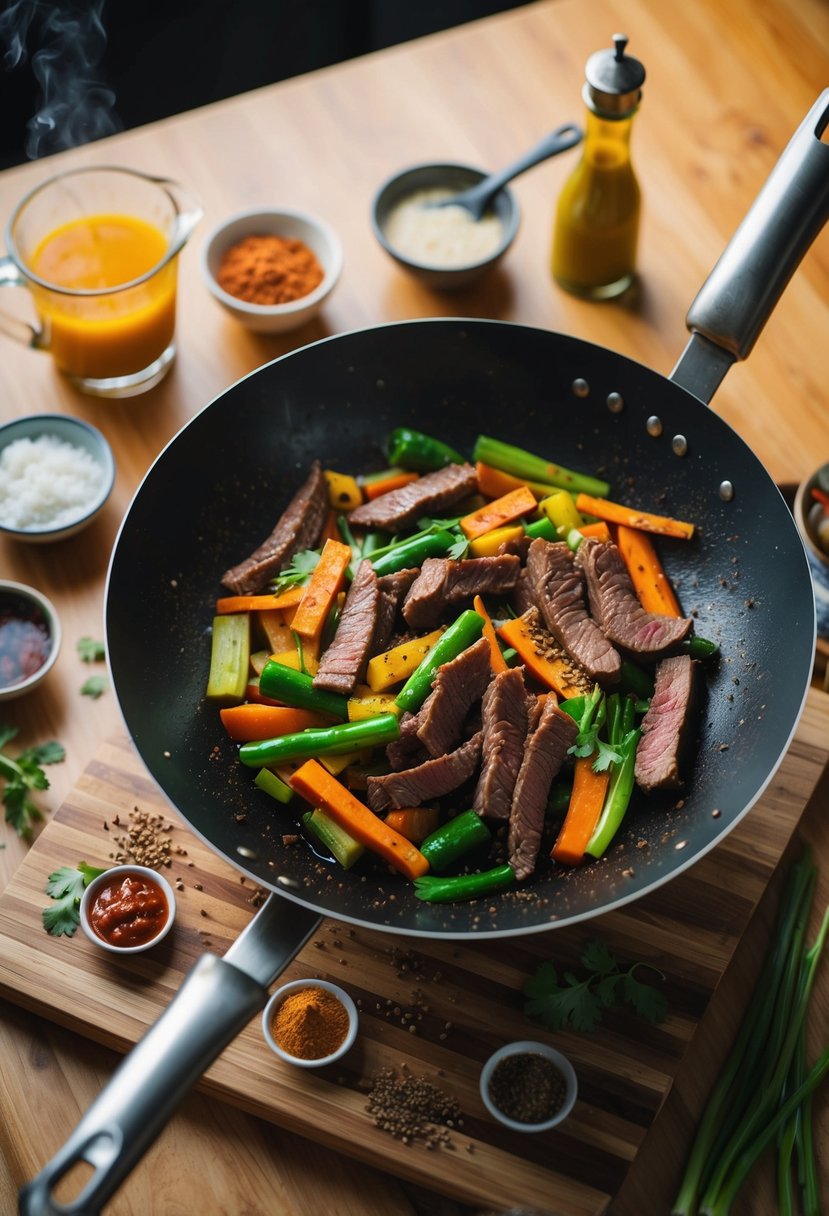 A sizzling wok filled with colorful vegetables and strips of beef, surrounded by various spices and sauces on a wooden cutting board