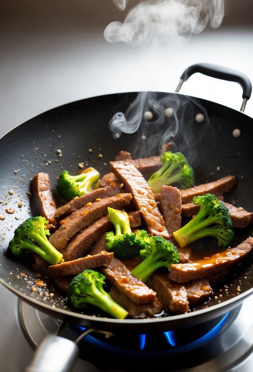 A sizzling wok filled with tender beef strips, vibrant green broccoli florets, and a savory, glossy sauce. Steam rises as the ingredients are tossed together