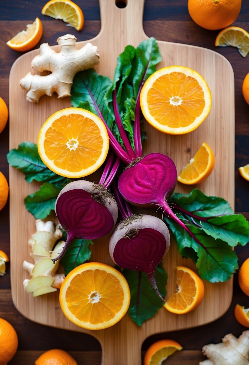 Vibrant beets, juicy oranges, and zesty ginger arranged on a wooden cutting board with scattered citrus peels and fresh green beet leaves